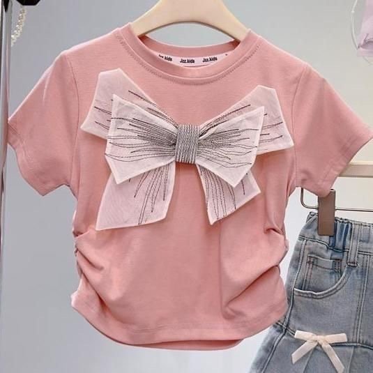 Kids’ Fashion T-Shirt for Girls – Back Bow Patch and Pleated Short Sleeves