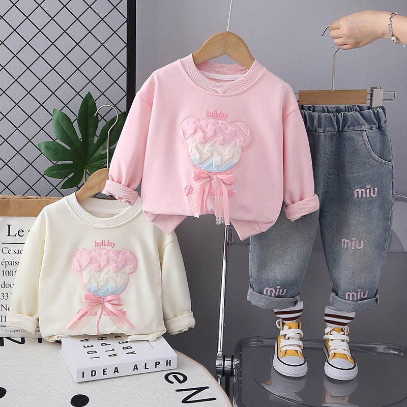 Bear Print Full Sleeve T-Shirt & Soft Jeans Baby Girl Two-Piece Set – Comfy Outfit