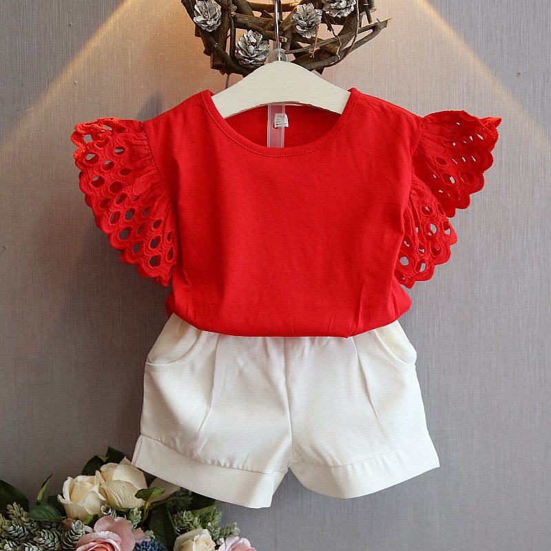 Stylish Summer Two-Piece for Girls – Korean Hollow Sleeve Shirt & Shorts