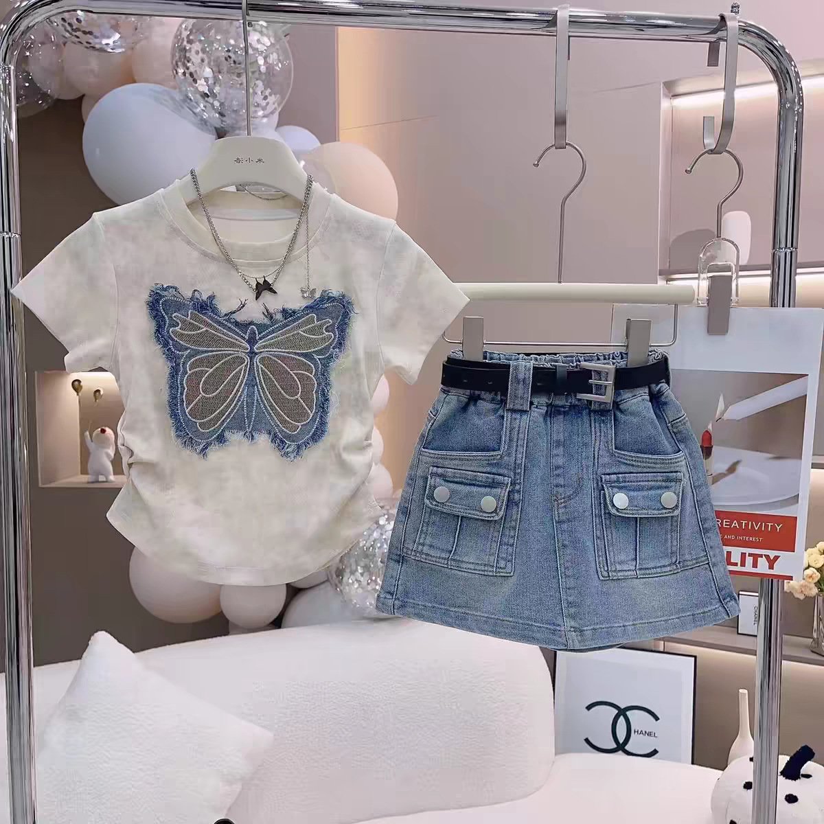 Summer Girls Bow Embroidered Top and Denim Skirt Set – Stylish Two-Piece Outfit for Kids