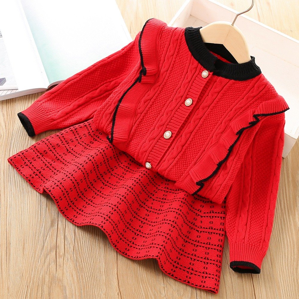 Girls Knitted Sweater Set – Korean Style Solid Color Two-Piece Outfit for Autumn & Winter