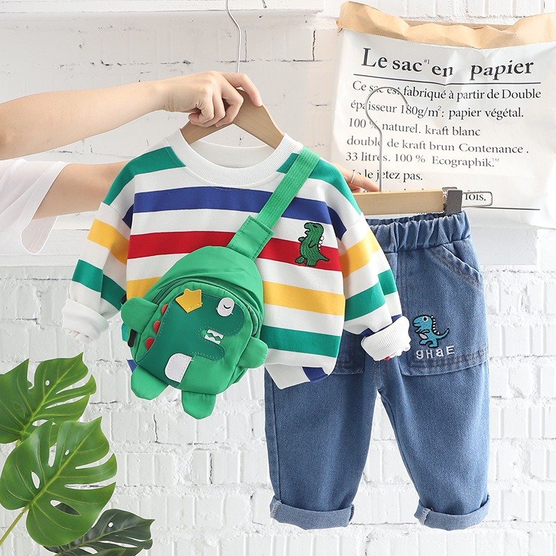 Kids Autumn Outfit Set – Boys & Girls Striped Round Neck Top with Jeans and Shoulder Bag