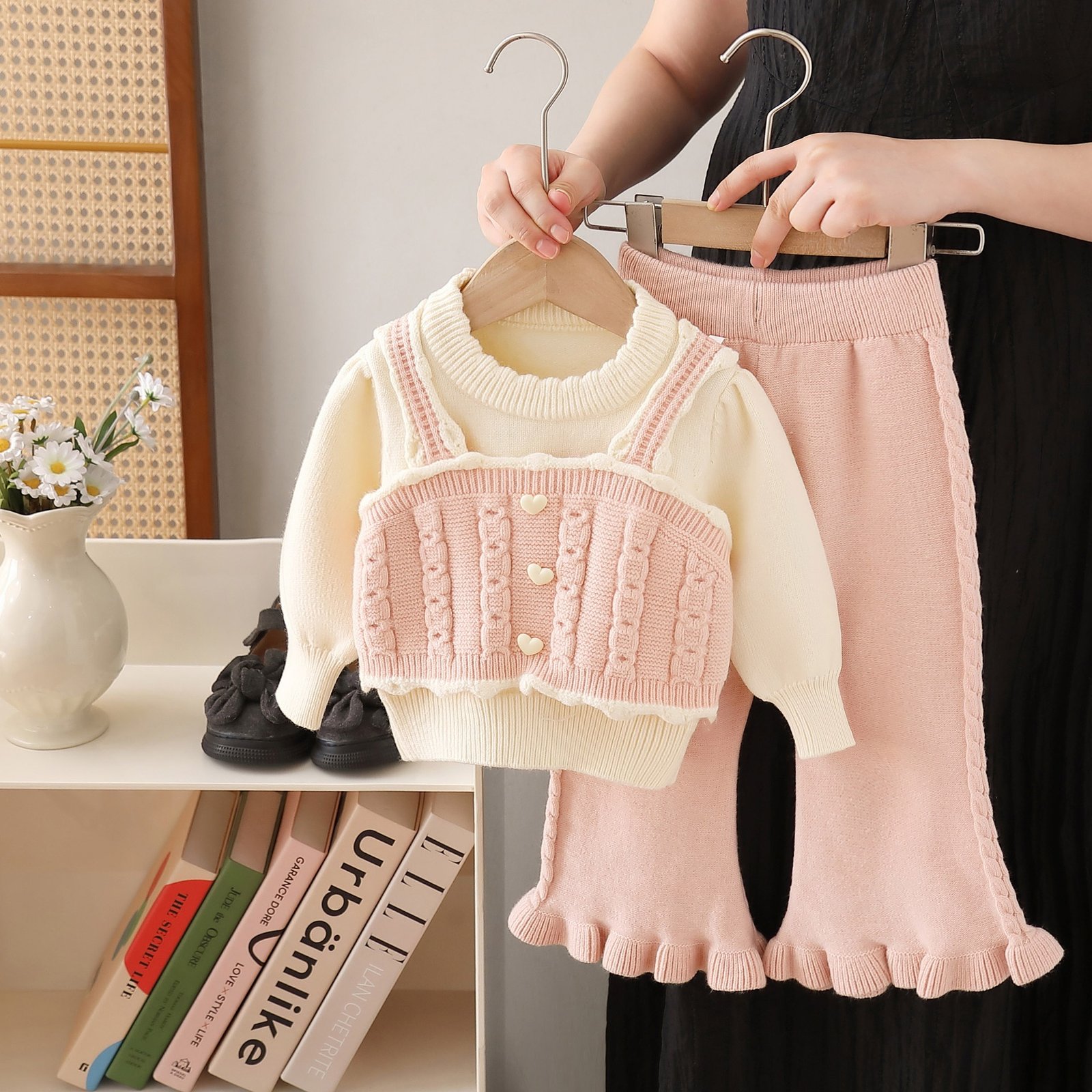 New Girls Knitted Sweater Coat & Pants Set – Handmade Flower Ball Two-Piece Outfit