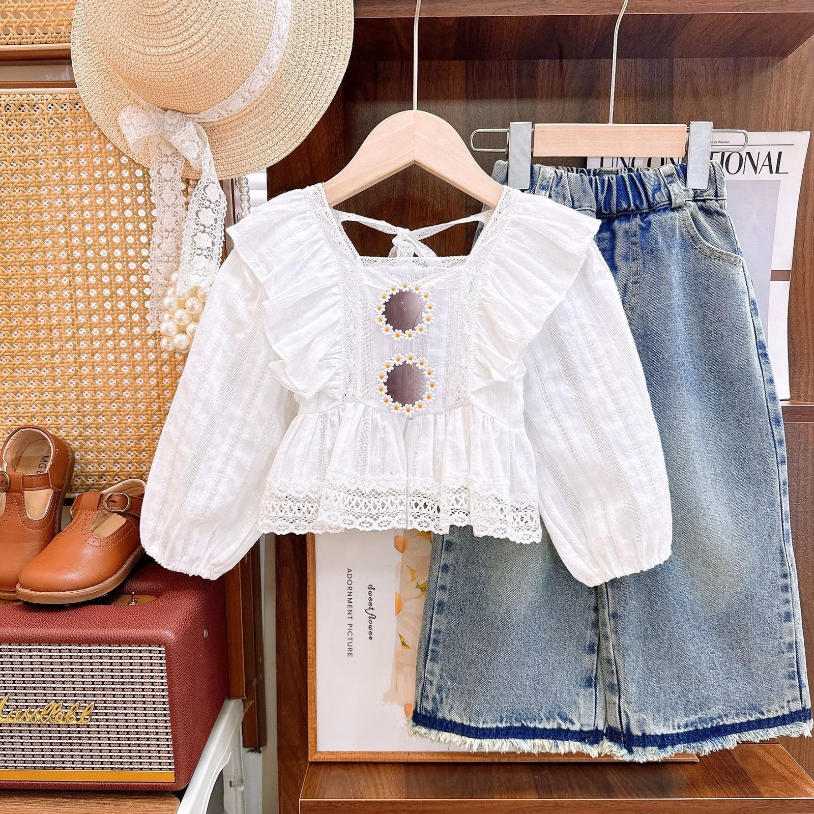 Stylish Baby Girl Lace Cotton Top with High-Quality Denim Pants  Summer ClothingSet