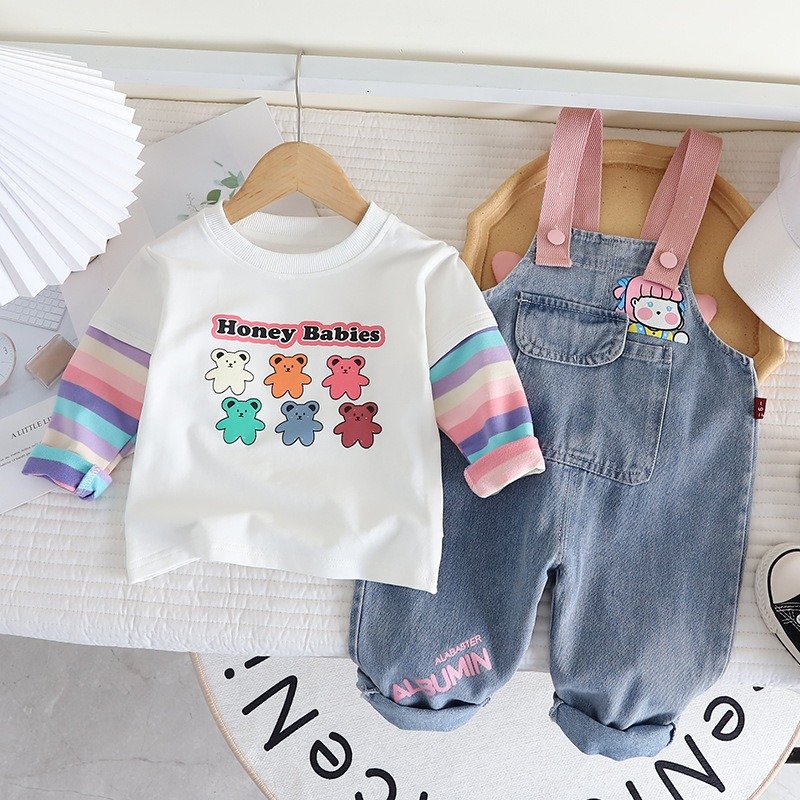 cute denim overalls long pants set for baby girls cartoon long-sleeved two-piece set