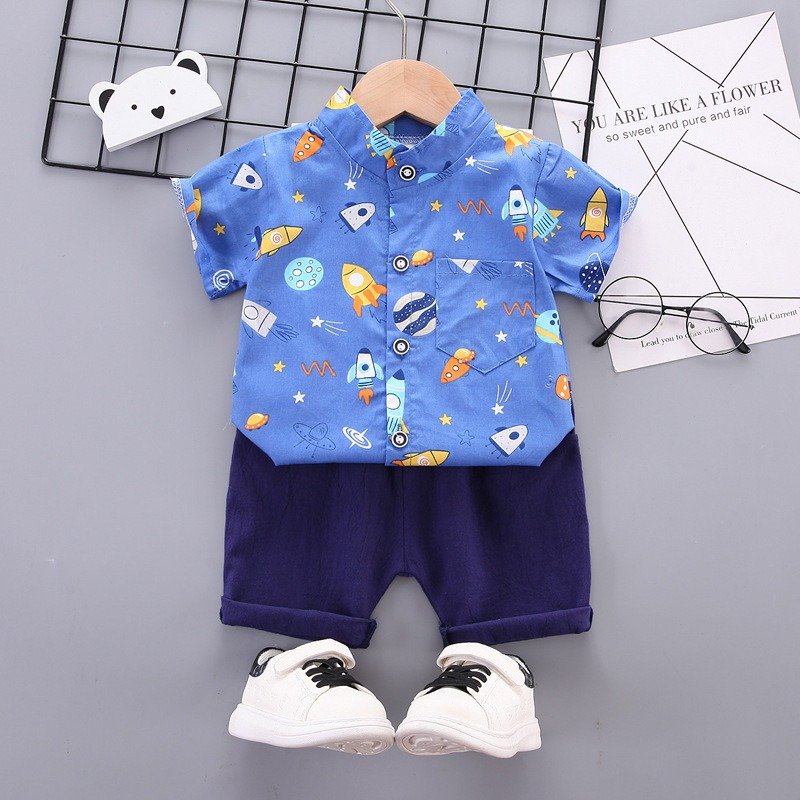 Cute Baby Boy Summer Clothing  Set –  Cool Patterned Cotton Shirt & Half Shorts