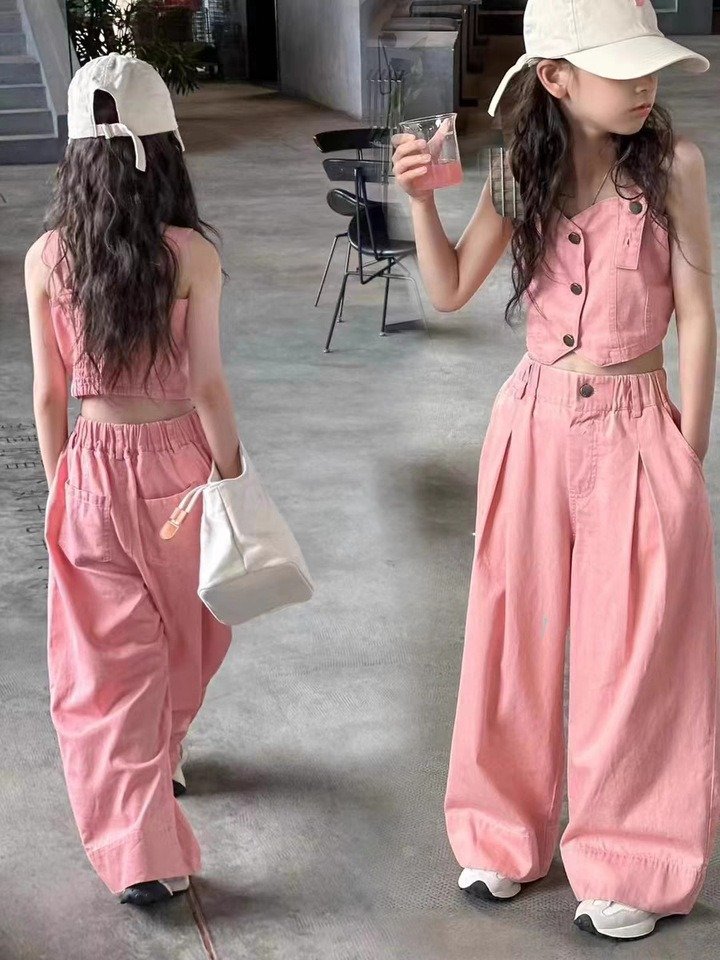 Pink Denim Crop Top & Wide Leg Pants Set for Girls – Trendy 2 pcs Summer Outfit Set